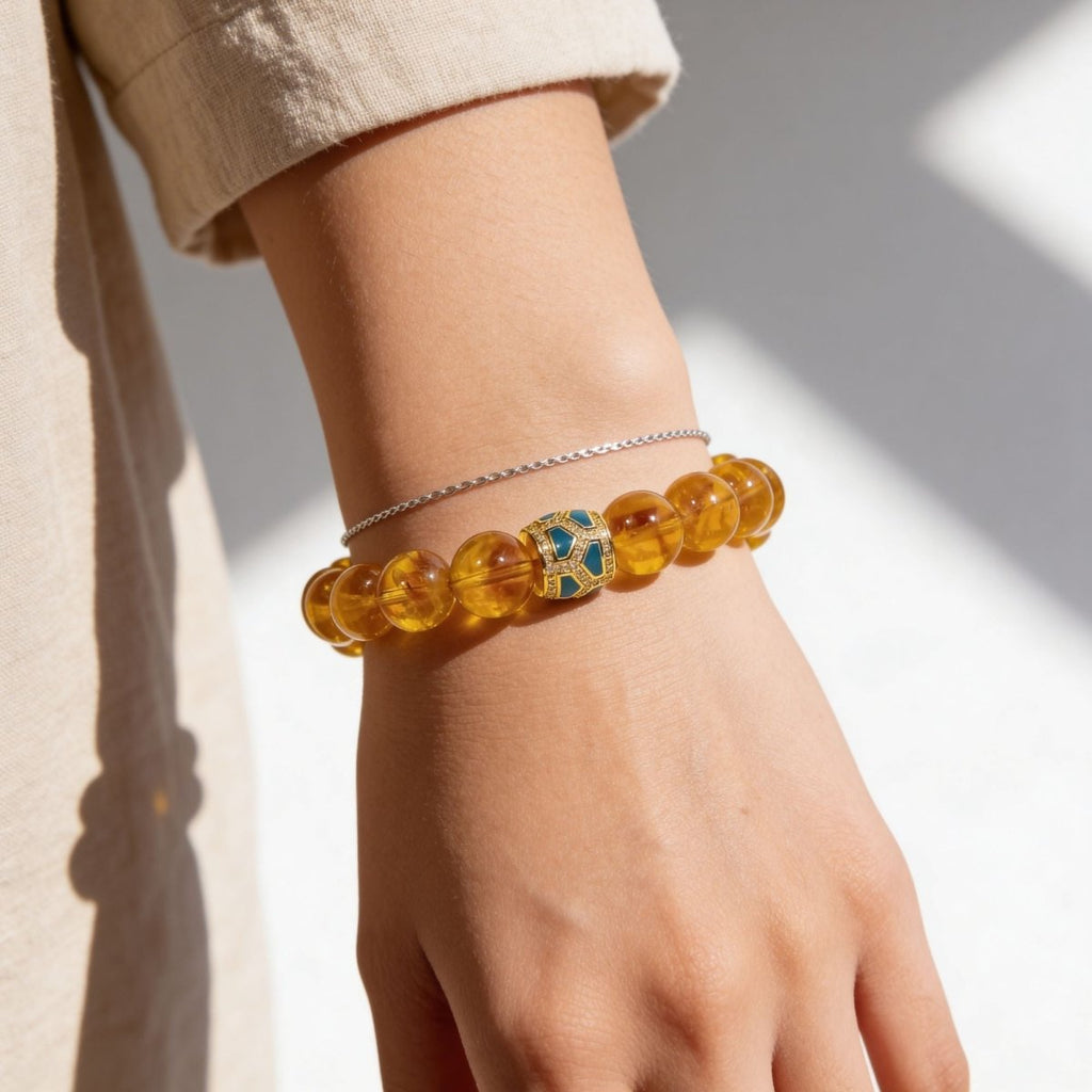 Natural Citrine bracelet for women with Mosaic Green Inlay centerpiece worn on wrist