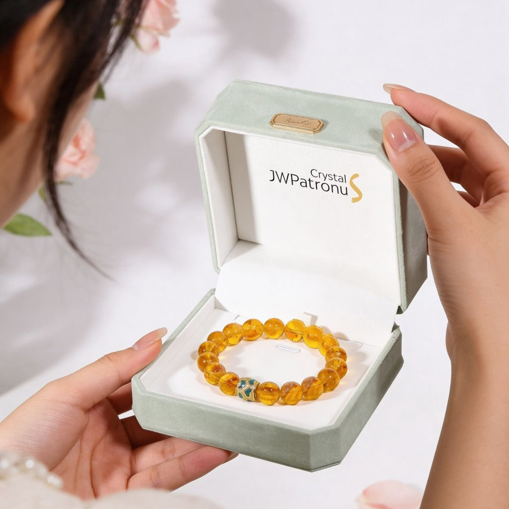 Gift-ready Brazilian Citrine bracelet with 12mm golden beads in jewelry box