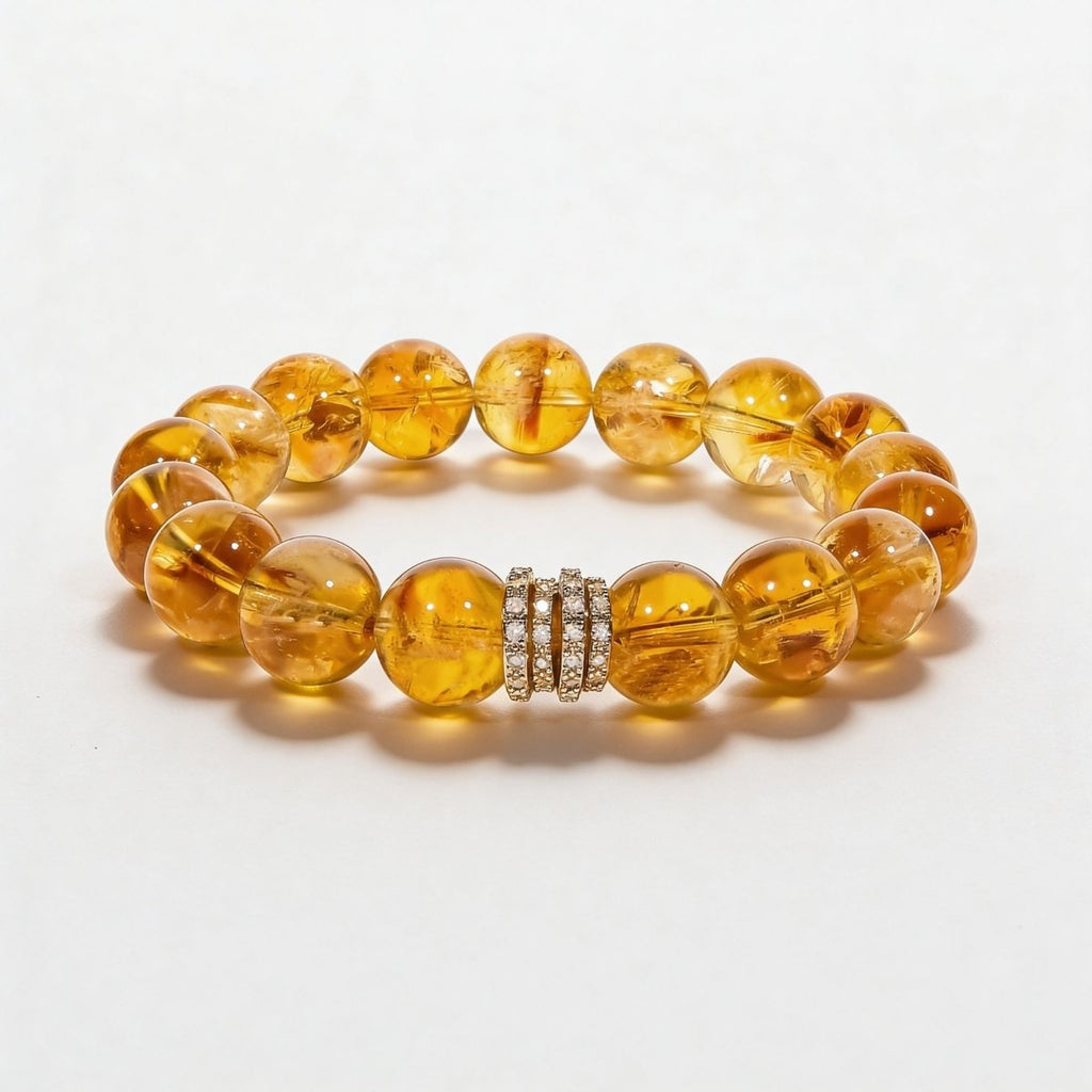 Brazilian Citrine Bracelet with 12mm golden beads and Gold Pavé Barrel centerpiece