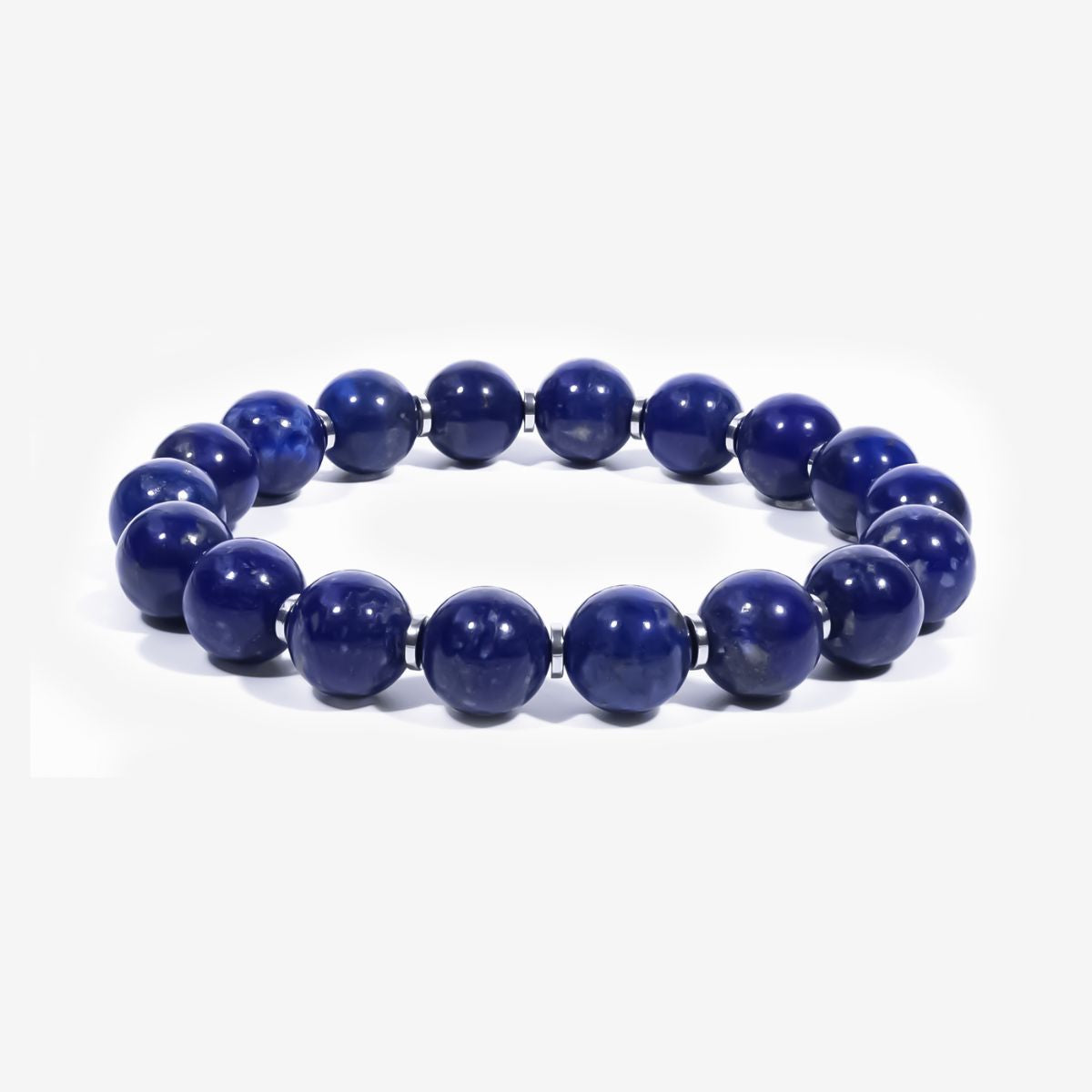 Celestial Lapis Lazuli Beaded Bracelet with 10mm natural lapis lazuli beads and silver-toned spacer accents