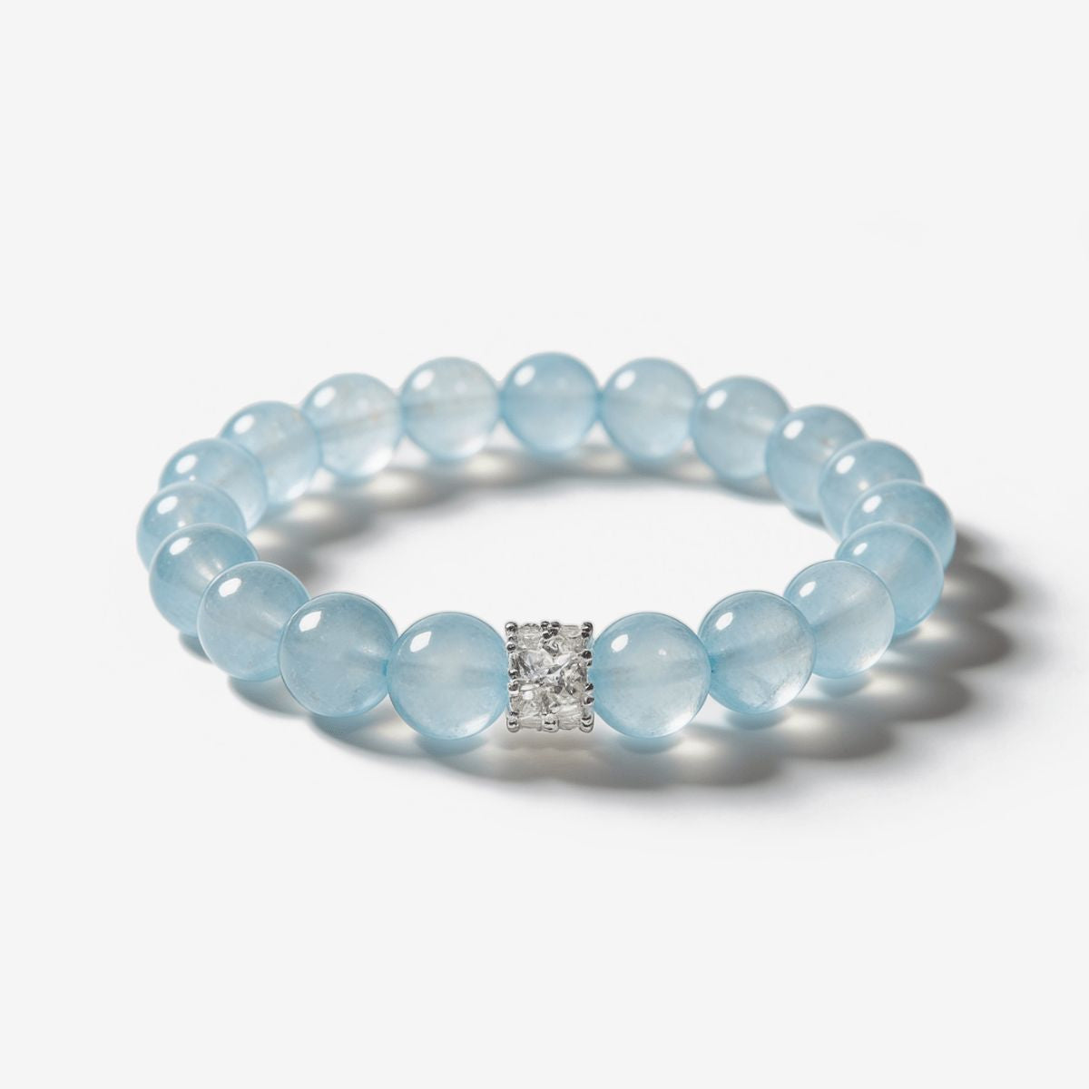 Coastal Elegance Aquamarine Beaded Bracelet with 10mm blue beads and silver-tone cubic zirconia centerpiece