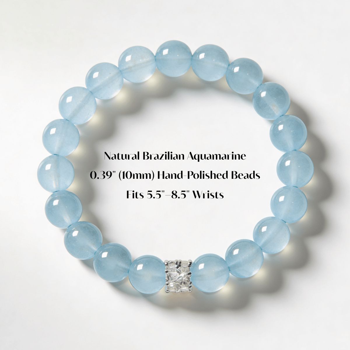 Brazilian Aquamarine bracelet size details showing 10mm hand-polished beads and 5.5 to 8.5 inch wrist fit