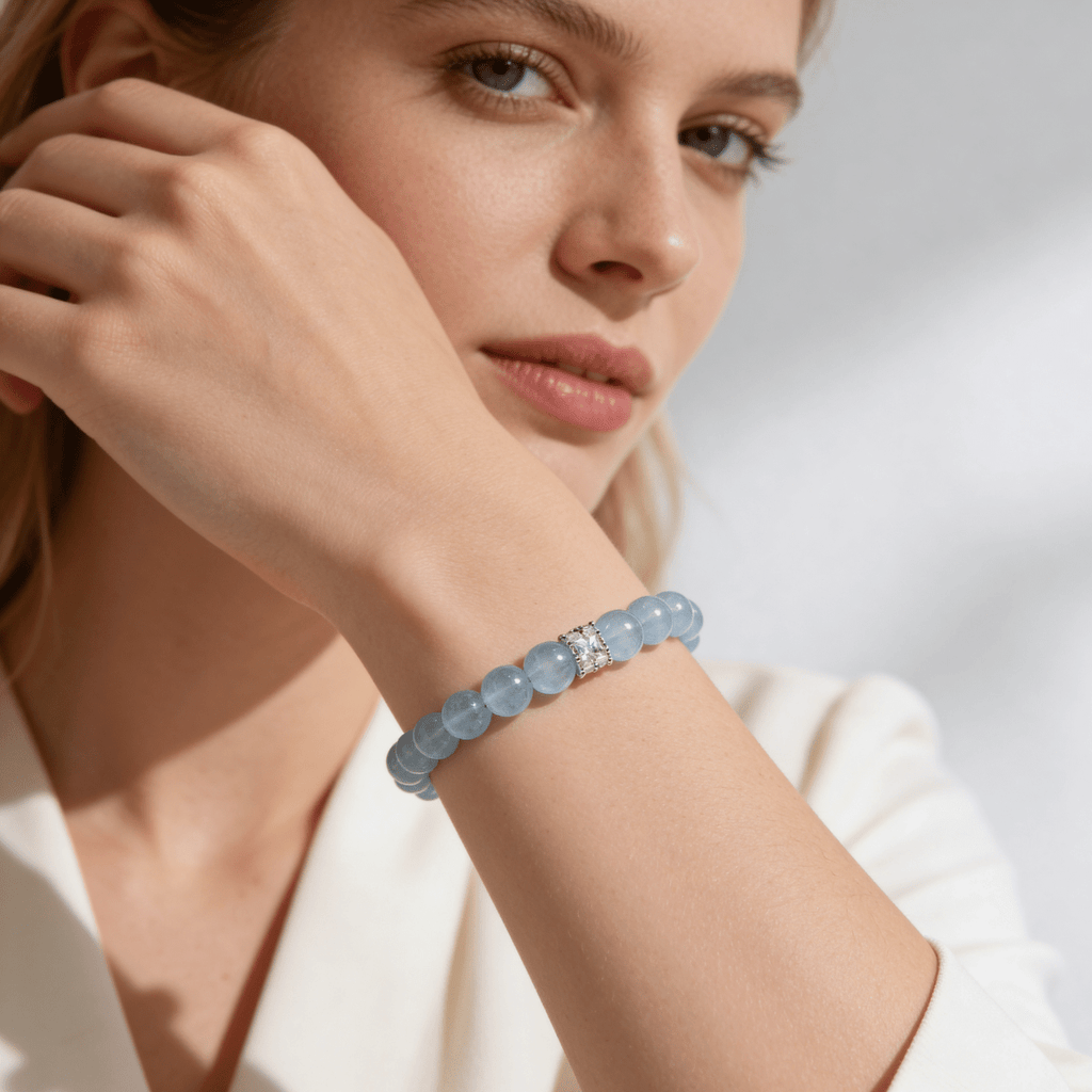 Aquamarine bracelet for women worn with white outfit and refined everyday jewelry style