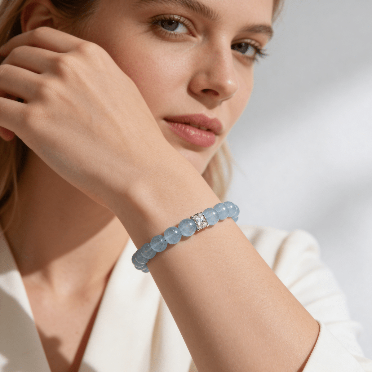 Aquamarine bracelet for women worn with white outfit and refined everyday jewelry style