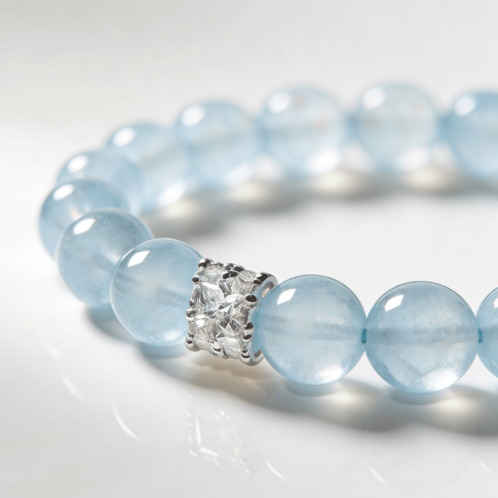 Natural aquamarine beaded bracelet showing soft ocean-blue crystal tones