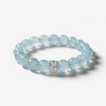 Natural aquamarine bracelet with 10mm blue crystal beads and cubic zirconia centerpiece