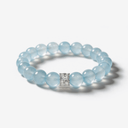 Natural aquamarine bracelet with 10mm blue crystal beads and cubic zirconia centerpiece