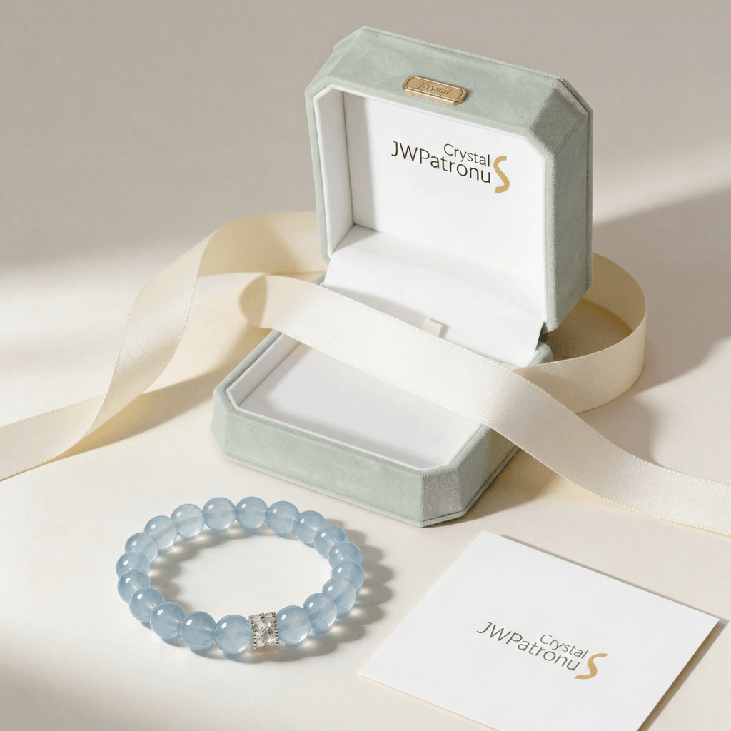 Gift-ready aquamarine bracelet displayed with jewelry box and ribbon
