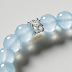 Close-up of blue aquamarine crystal bracelet with light-catching center detail