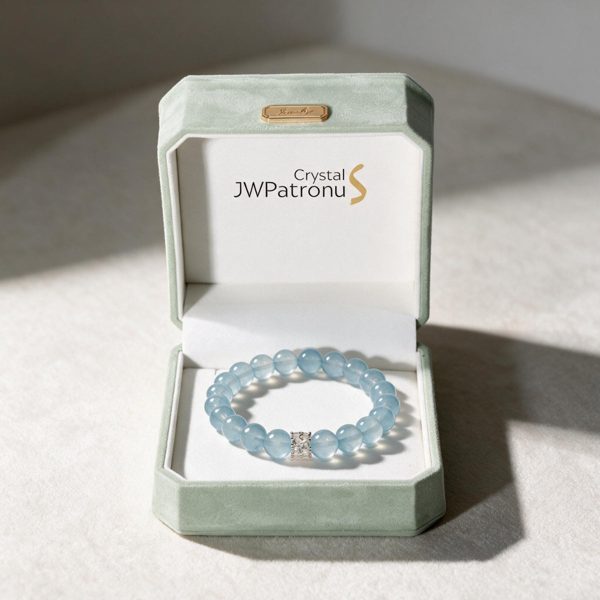Coastal Elegance aquamarine bracelet presented in a JWPatronus keepsake gift box.