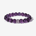 Eternal Elegance natural Sri Lankan Amethyst bracelet with 10mm violet beads and a sterling silver centerpiece.