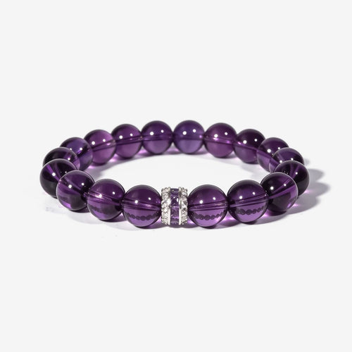 Eternal Elegance natural Sri Lankan Amethyst bracelet with 10mm violet beads and a sterling silver centerpiece.