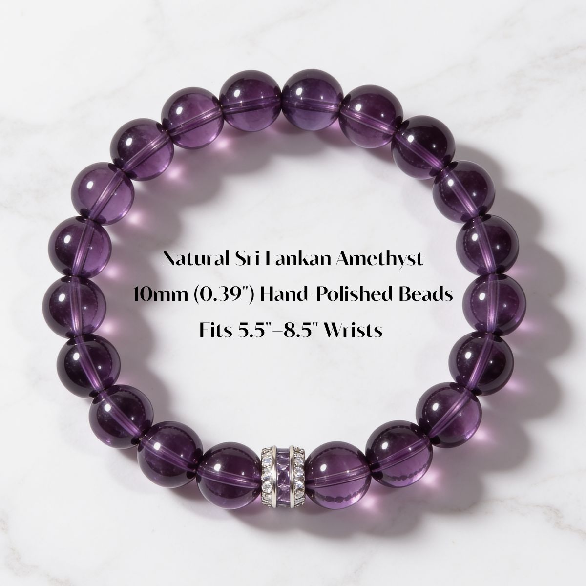 Eternal Elegance bracelet details showing natural Sri Lankan Amethyst, 10mm hand-polished beads, and XS–XXL wrist sizing.
