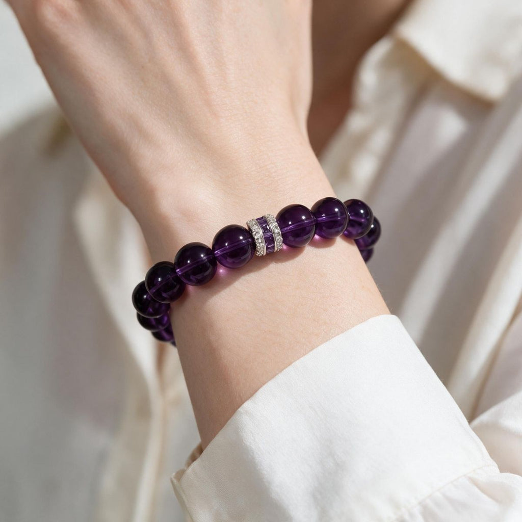 Eternal Elegance Amethyst bracelet styled with a white sleeve for polished everyday wear.