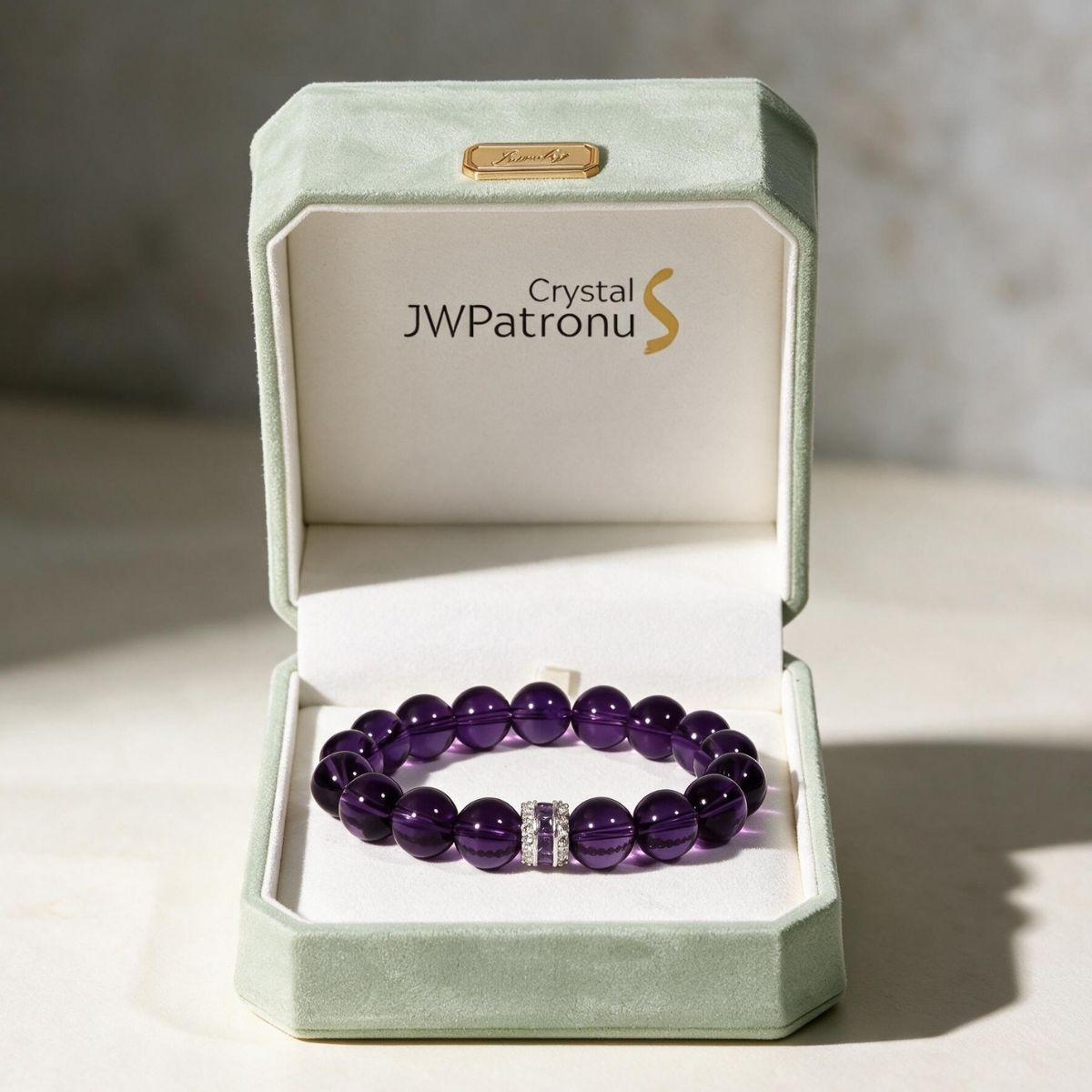 Eternal Elegance Amethyst bracelet presented in a JWPatronus keepsake jewelry box.