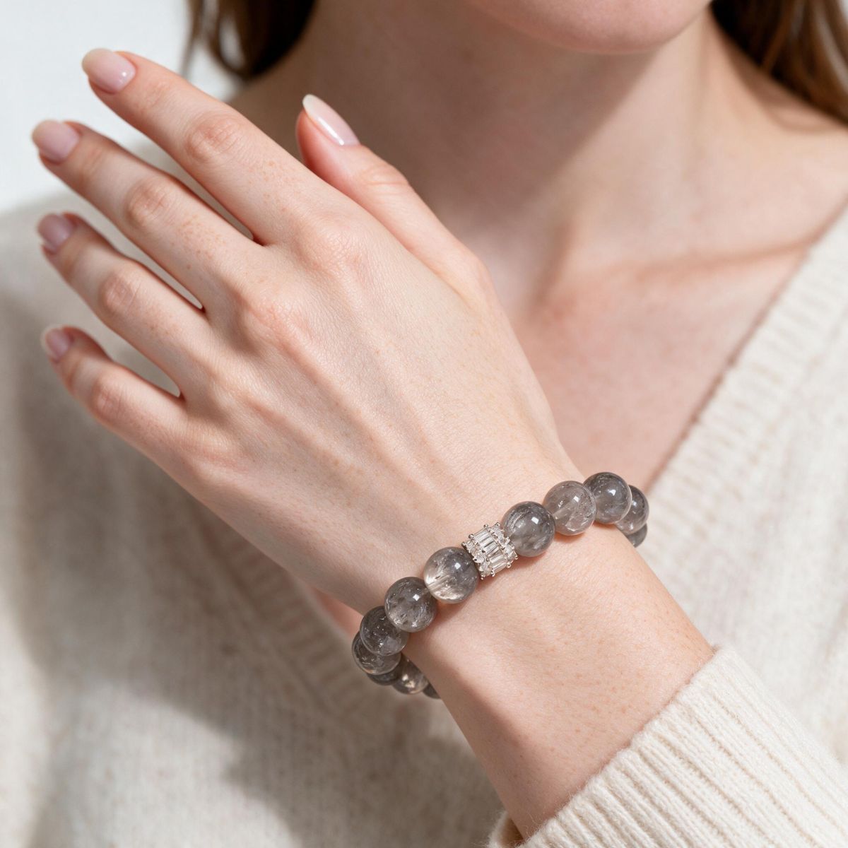 Ethereal Harmony Silver Phantom Quartz bracelet styled with a soft neutral everyday look