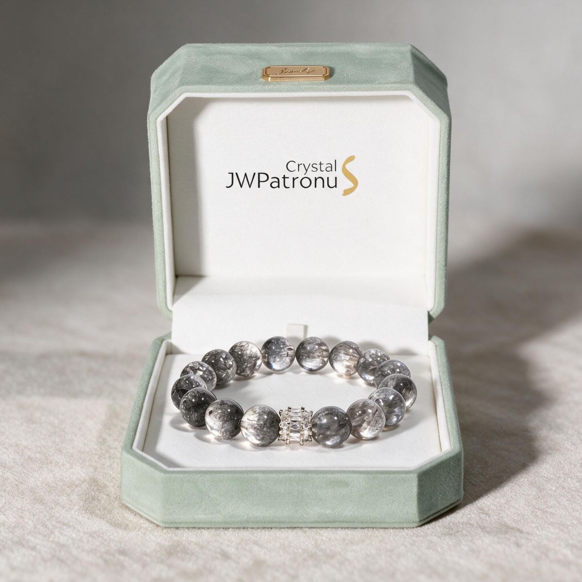 Ethereal Harmony Silver Phantom Quartz bracelet presented in a JWPatronus keepsake gift box