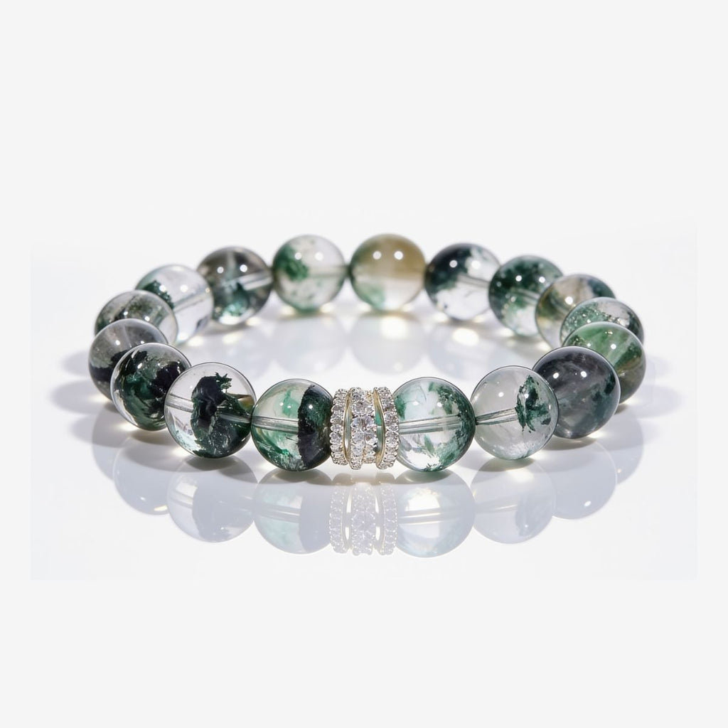 Forest Veil Green Phantom Quartz Beaded Bracelet with 12mm clear beads, green phantom inclusions, and pavé ring centerpiece