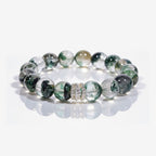 Forest Veil Green Phantom Quartz Beaded Bracelet with 12mm clear beads, green phantom inclusions, and pavé ring centerpiece