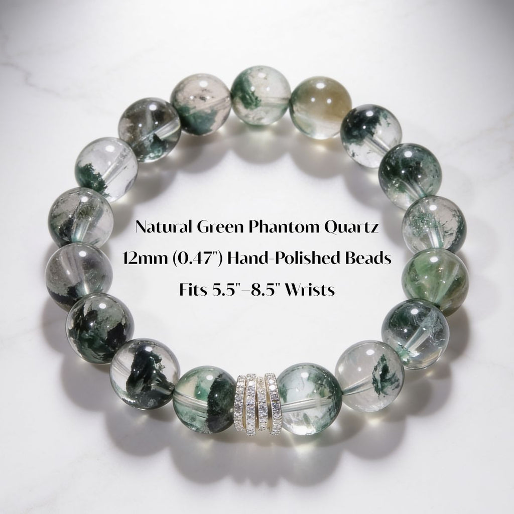 Green Phantom Quartz bracelet size details showing 12mm hand-polished beads and 5.5 to 8.5 inch wrist fit