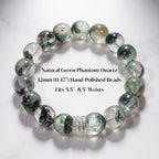 Green Phantom Quartz bracelet size details showing 12mm hand-polished beads and 5.5 to 8.5 inch wrist fit