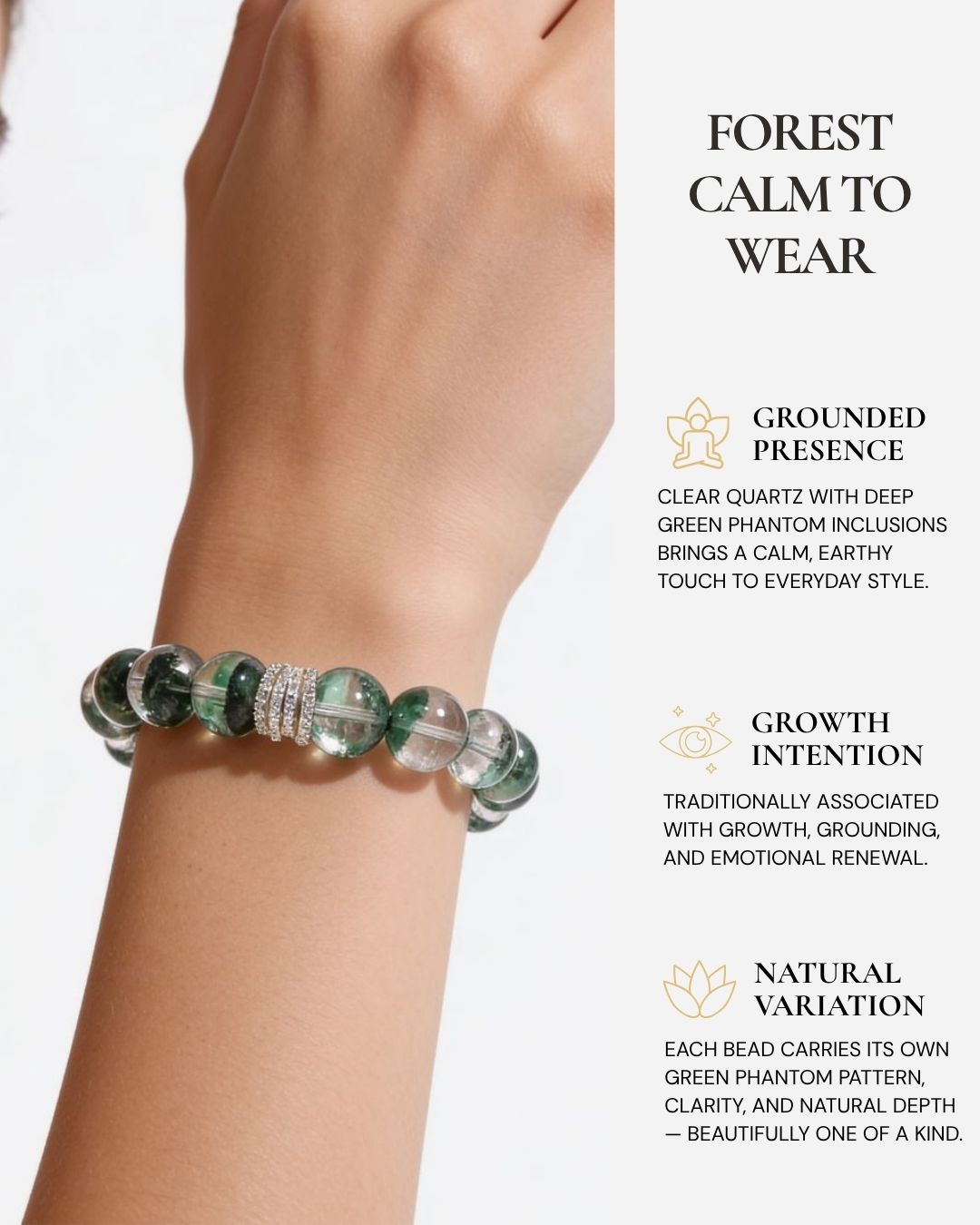 Forest Veil Green Phantom Quartz Beaded Bracelet worn on the wrist, featuring natural 12mm Green Phantom Quartz beads and a gold-tone pavé ring centerpiece.