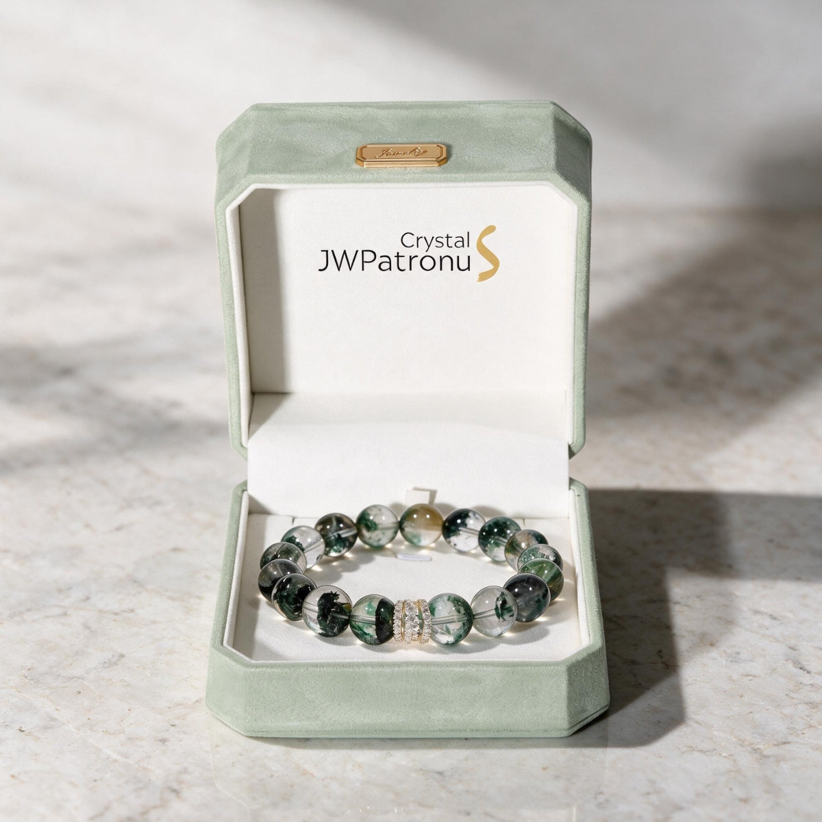 Forest Veil Green Phantom Quartz bracelet presented in a JWPatronus keepsake jewelry box