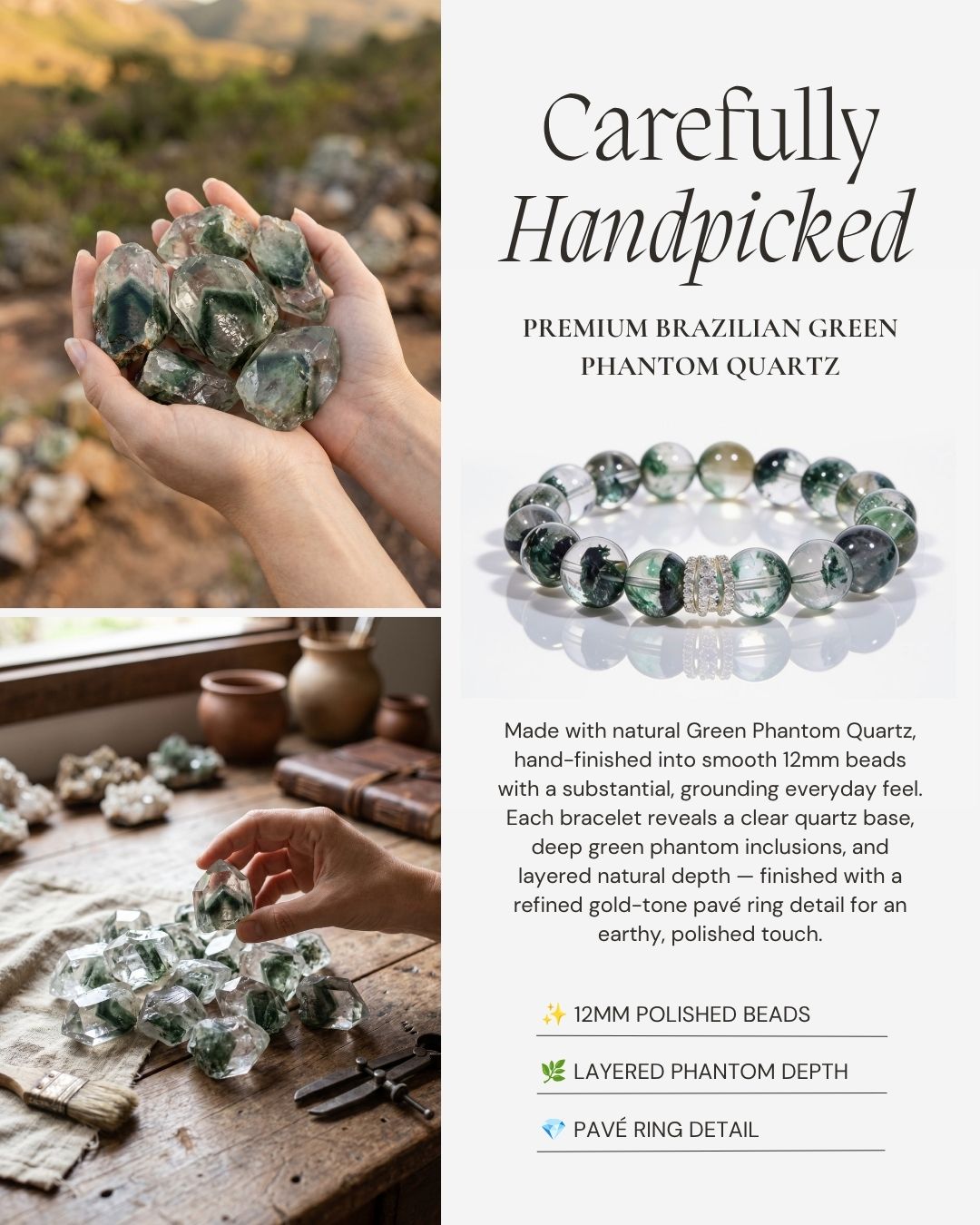 Handpicked Brazilian Green Phantom Quartz stones beside the Forest Veil Green Phantom Quartz Beaded Bracelet, featuring 12mm beads, layered green phantom depth, and a gold-tone pavé ring detail.