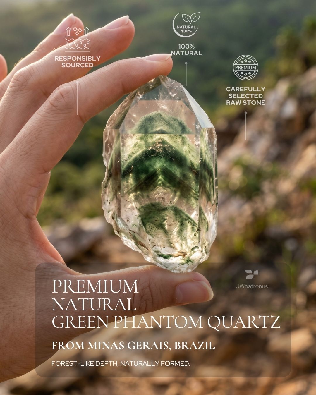 Natural Green Phantom Quartz from Minas Gerais, Brazil, with forest-like green inclusions, shown as the raw gemstone inspiration for the Forest Veil Green Phantom Quartz Beaded Bracelet.