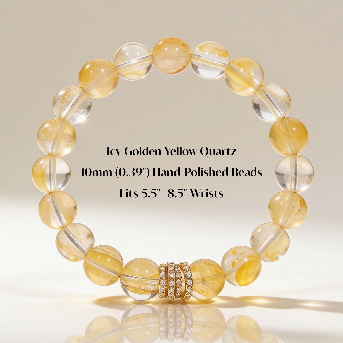 Golden Blossom Yellow Quartz bracelet size details showing 10mm hand-polished beads and 5.5 to 8.5 inch wrist fit