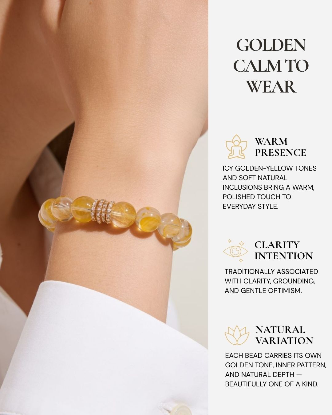 Golden Blossom Yellow Quartz Beaded Bracelet worn on the wrist, featuring natural icy golden-yellow 10mm beads, soft inclusions, and a gold-tone pavé ring centerpiece.