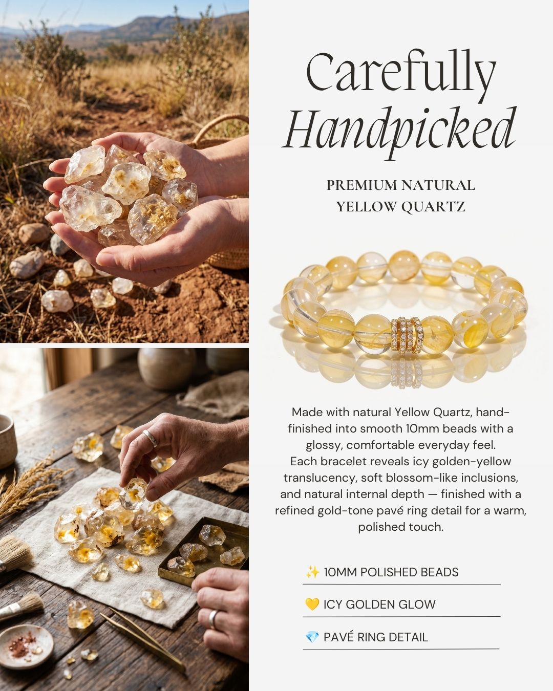 Handpicked natural Yellow Quartz stones beside the Golden Blossom Yellow Quartz Beaded Bracelet, featuring 10mm icy golden beads, blossom-like inclusions, and a gold-tone pavé ring detail.