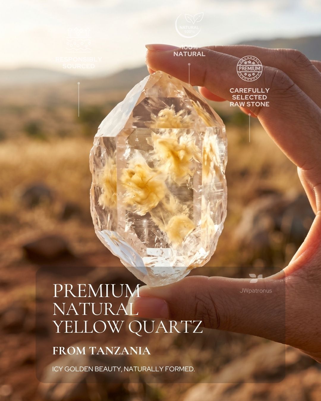 Natural Tanzanian Yellow Quartz crystal with icy golden clarity and blossom-like inclusions, shown as the raw gemstone inspiration for the Golden Blossom Yellow Quartz Beaded Bracelet.