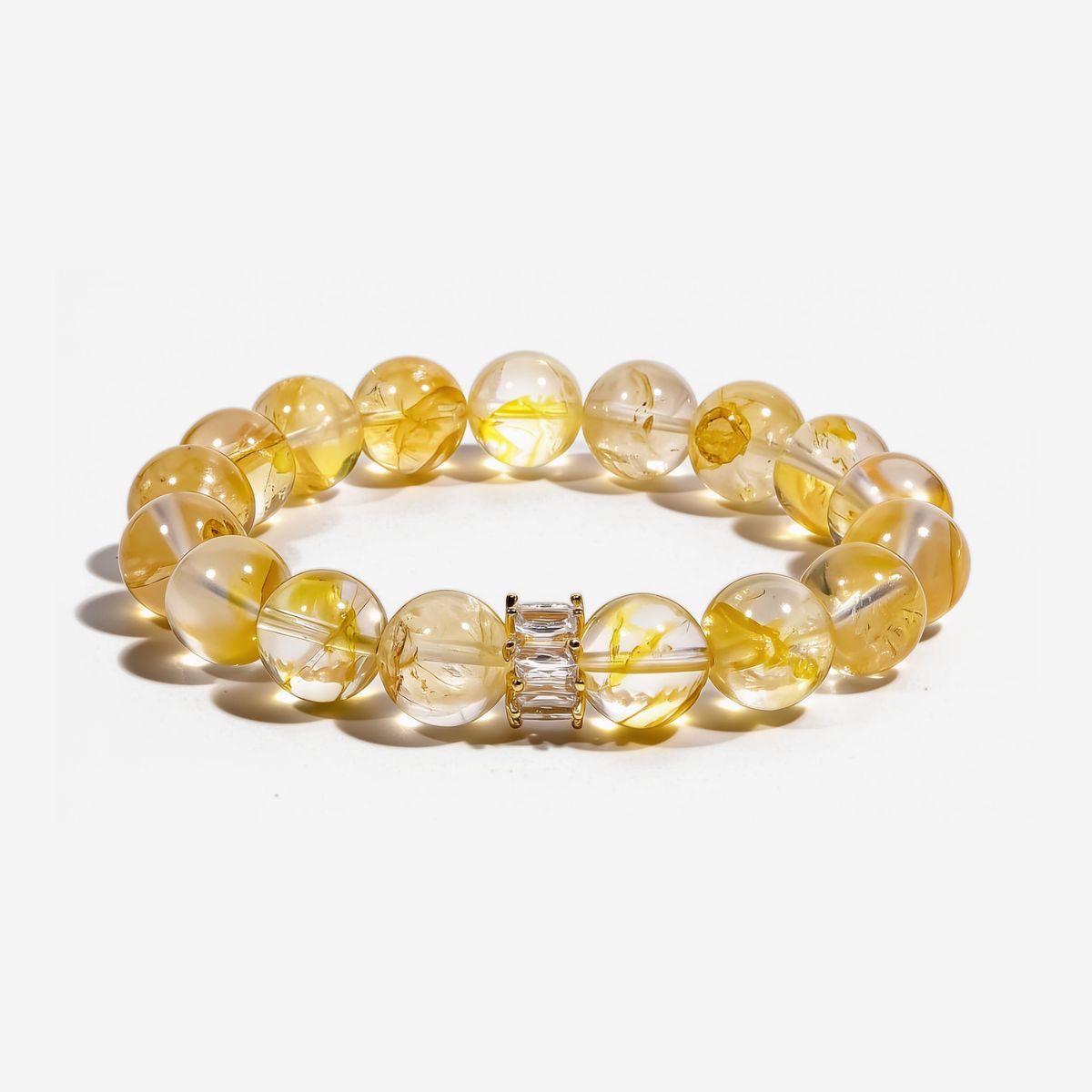 Golden Healer Yellow Quartz Bracelet with 10mm natural Ice Yellow Quartz beads from Tanzania and baguette crystal bar accent