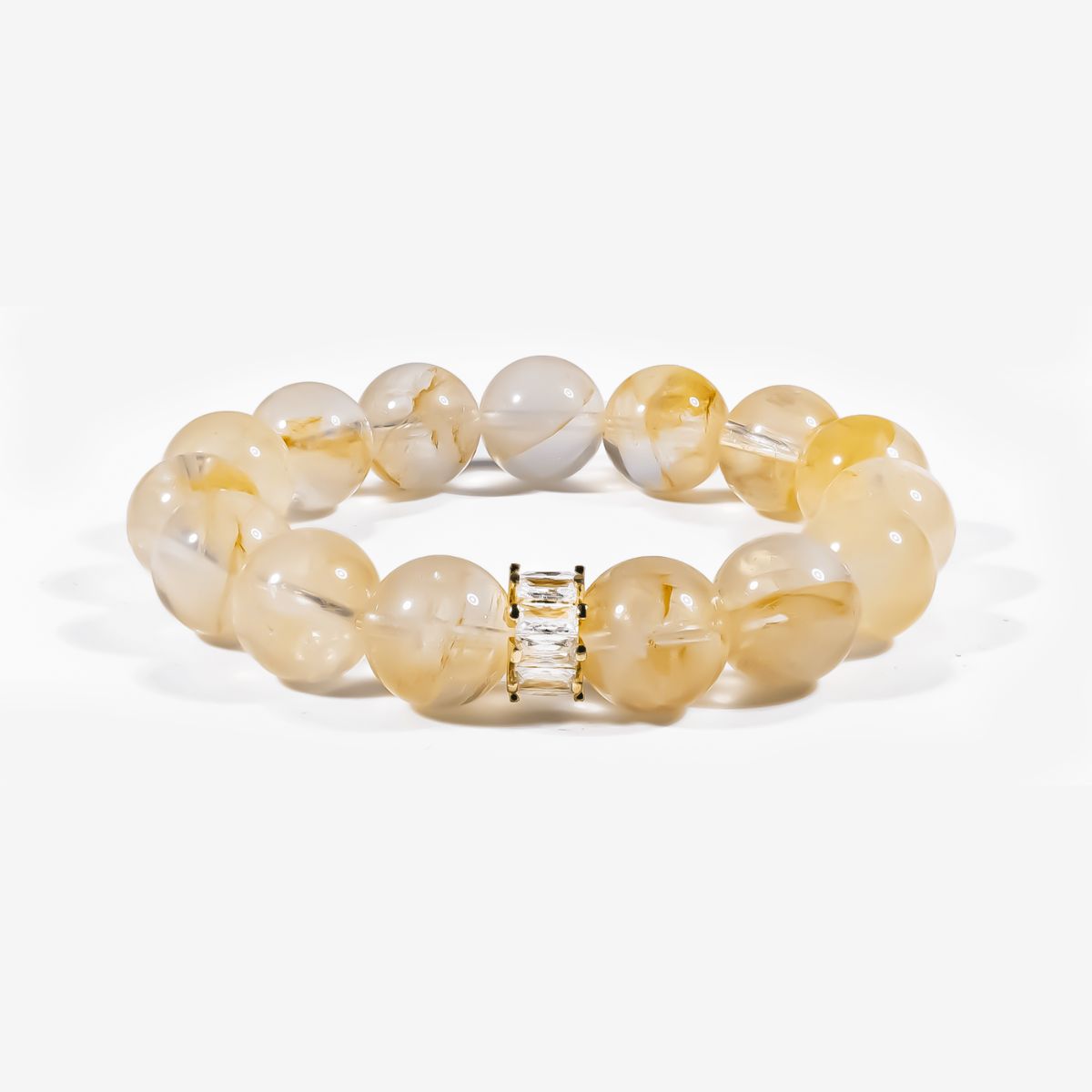 Golden Hematoid Quartz Bracelet with 12mm natural golden hematoid quartz beads, warm golden tones, and decorative crystal centerpiece