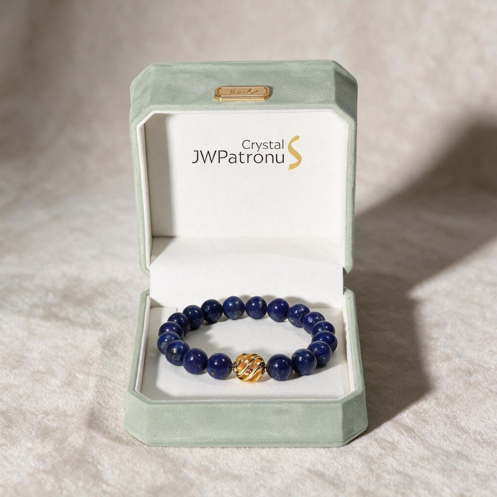 Golden Lucky Lapis Bracelet presented in an open JWPatronus keepsake gift box.