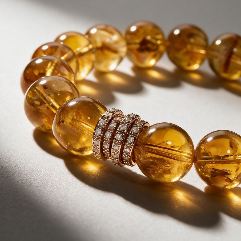 Close wrist view of Golden Signature Brazilian Citrine Bracelet with Crystal Baguette Stack centerpiece and natural golden citrine beads.