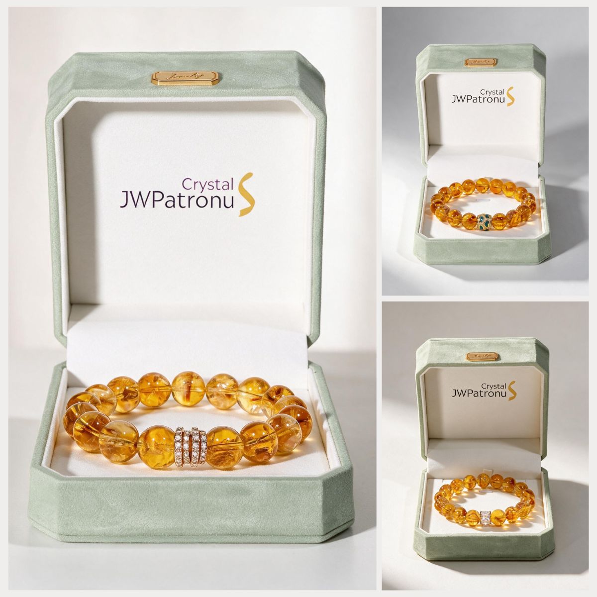 Three Golden Signature Brazilian Citrine Bracelet styles presented in signature gift boxes