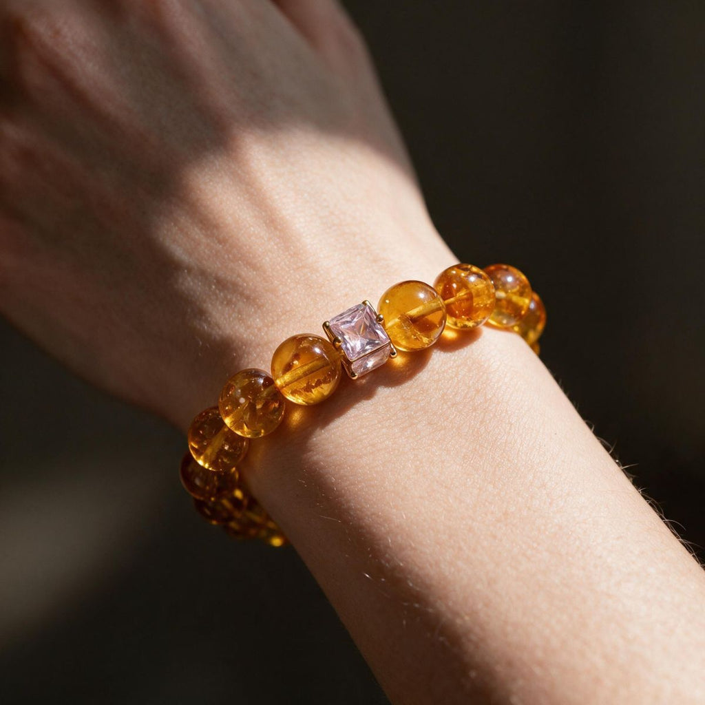Natural Brazilian Citrine Bracelet with Crystal Baguette Stack worn on a woman’s wrist
