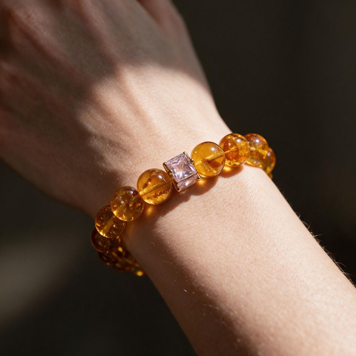 Natural Brazilian Citrine Bracelet with Crystal Baguette Stack worn on a woman’s wrist