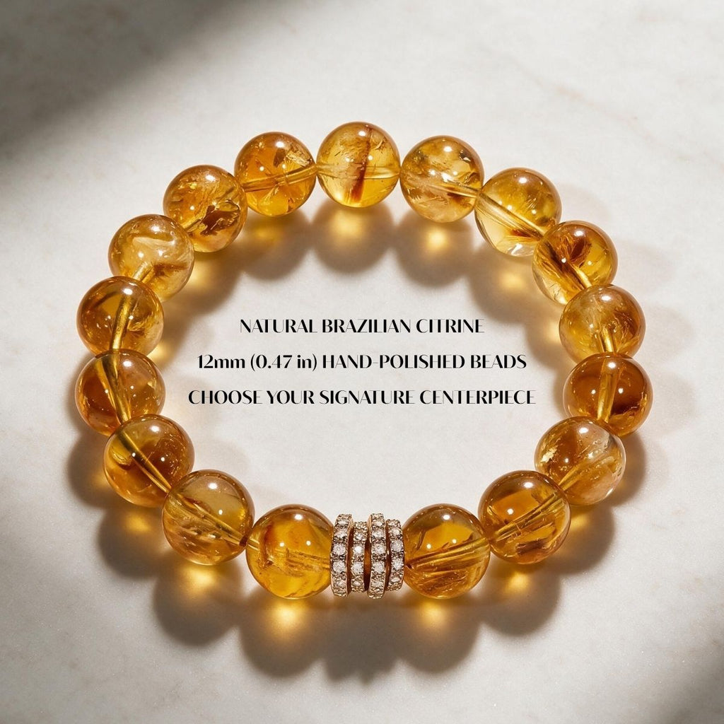 Golden Signature Brazilian Citrine Bracelet with natural 12mm citrine beads and Gold Pavé Barrel centerpiece.