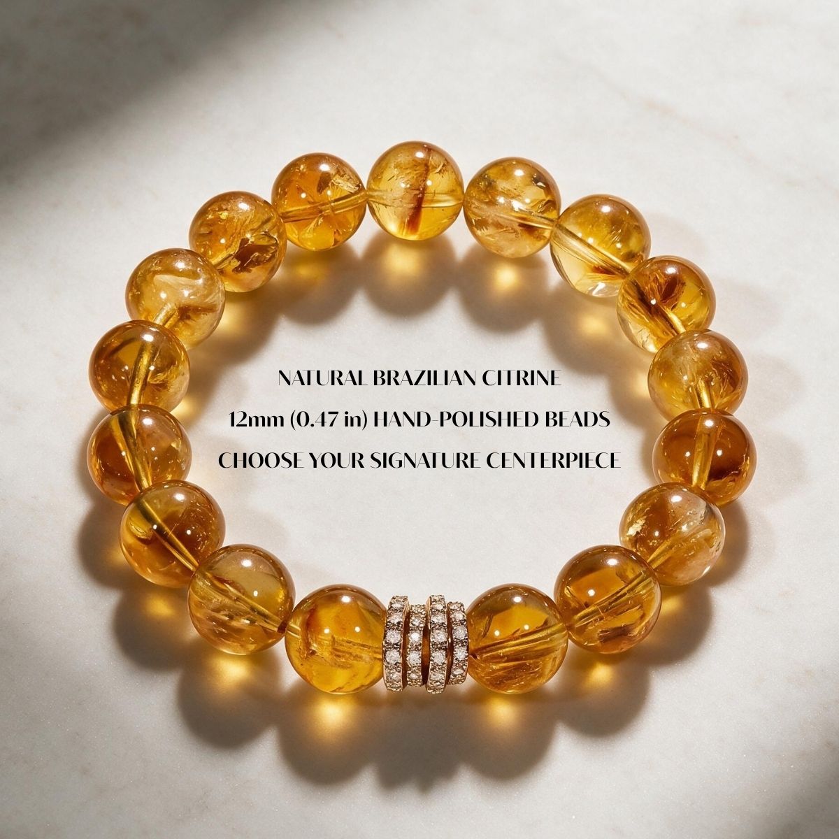 Golden Signature Brazilian Citrine Bracelet with natural 12mm citrine beads and Gold Pavé Barrel centerpiece.