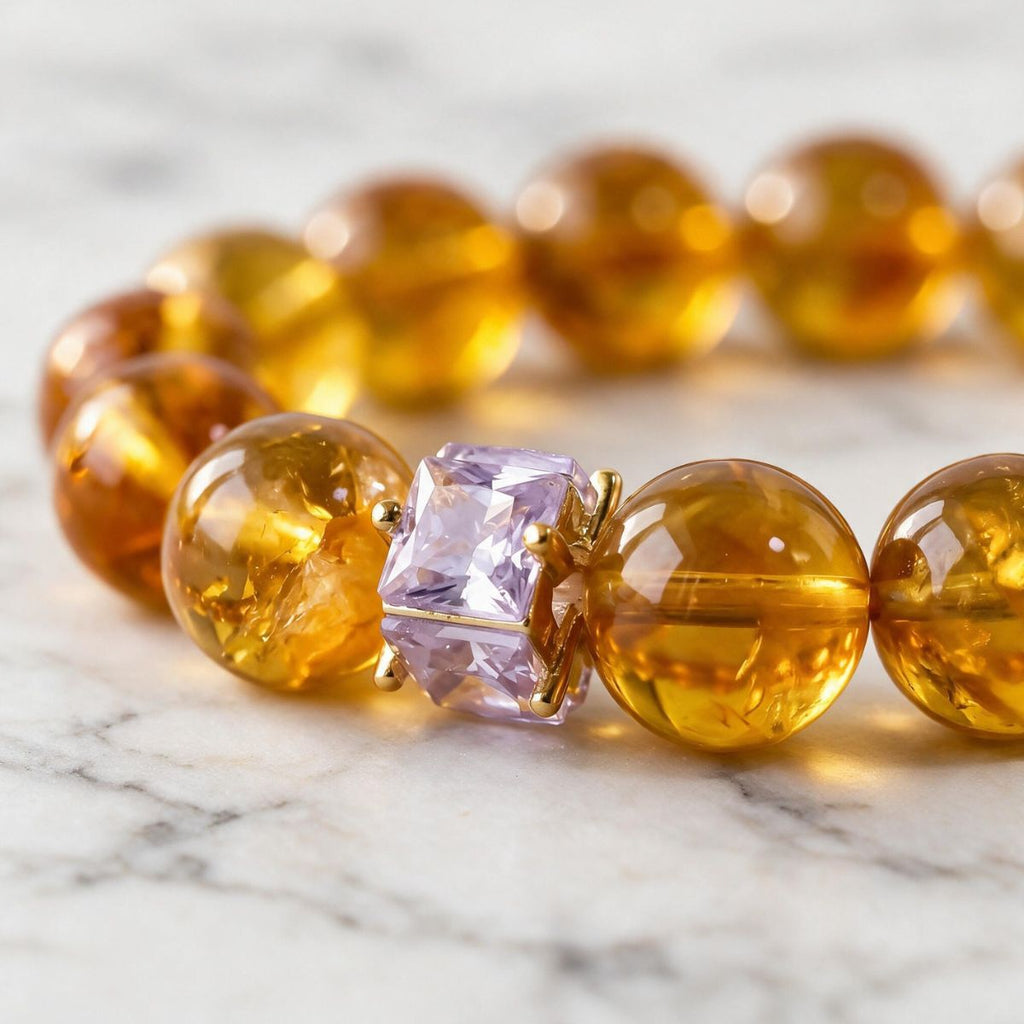Close-up of 12mm Brazilian Citrine beads and the light-catching Crystal Baguette centerpiece