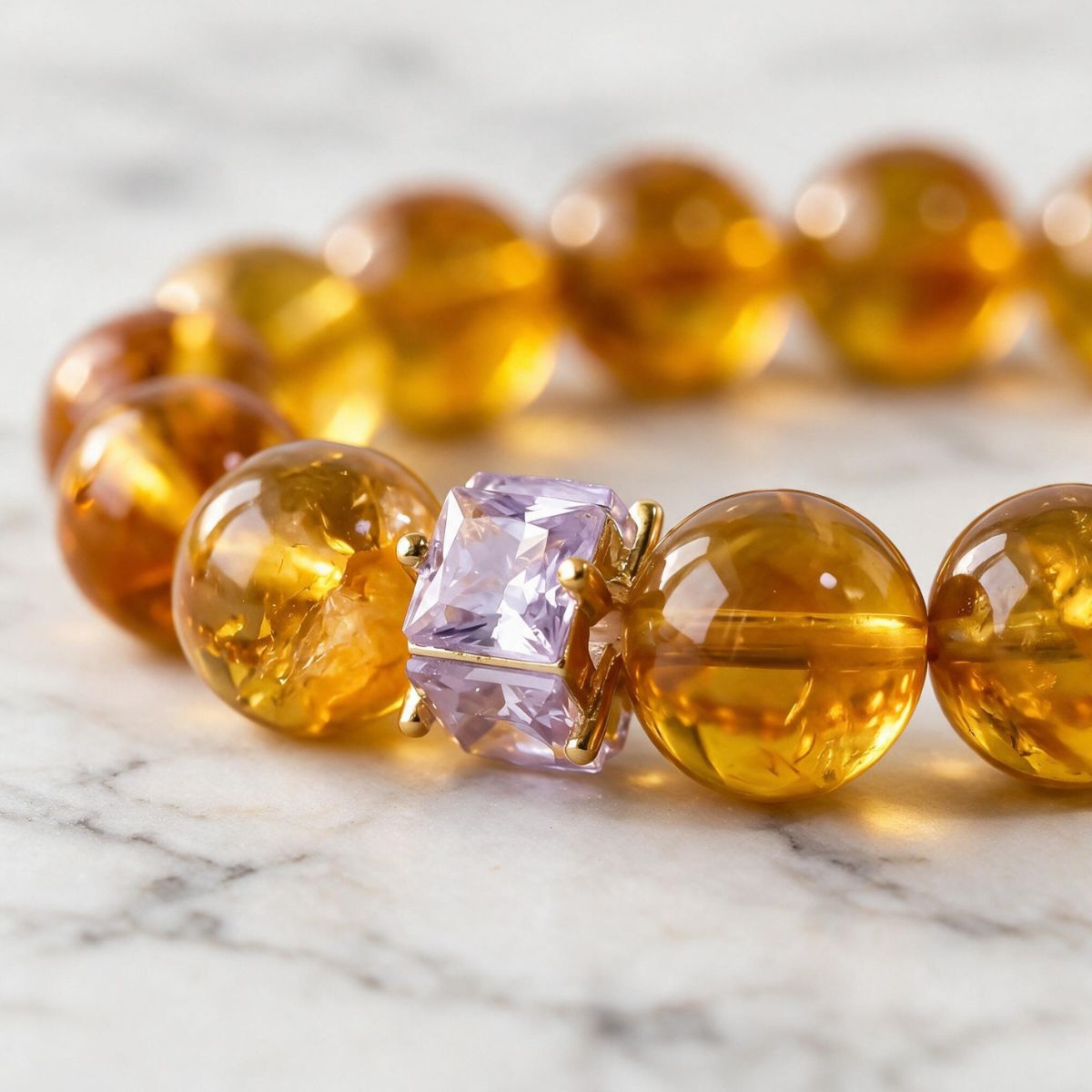 Close-up of 12mm Brazilian Citrine beads and the light-catching Crystal Baguette centerpiece