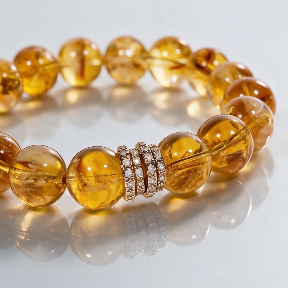 Close-up of natural Brazilian Citrine beads and the sparkling Gold Pavé Barrel centerpiece