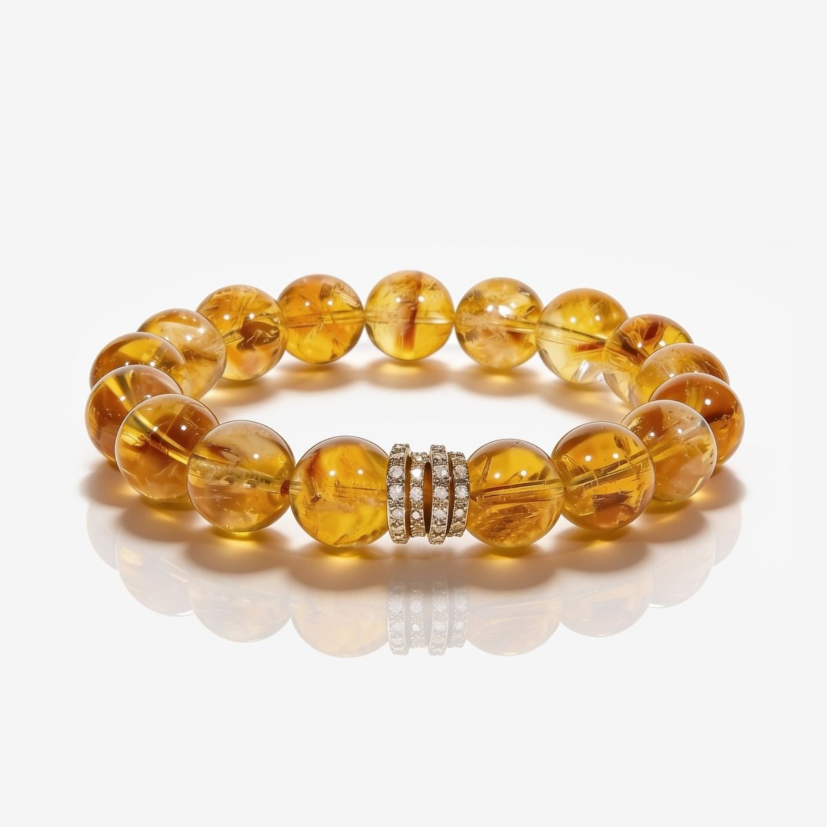 Golden Signature Brazilian Citrine Bracelet with 12mm hand-polished golden beads and Gold Pavé Barrel centerpiece