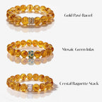 Three Golden Signature centerpiece options: Gold Pavé Barrel, Mosaic Green Inlay, and Crystal Baguette Stack
