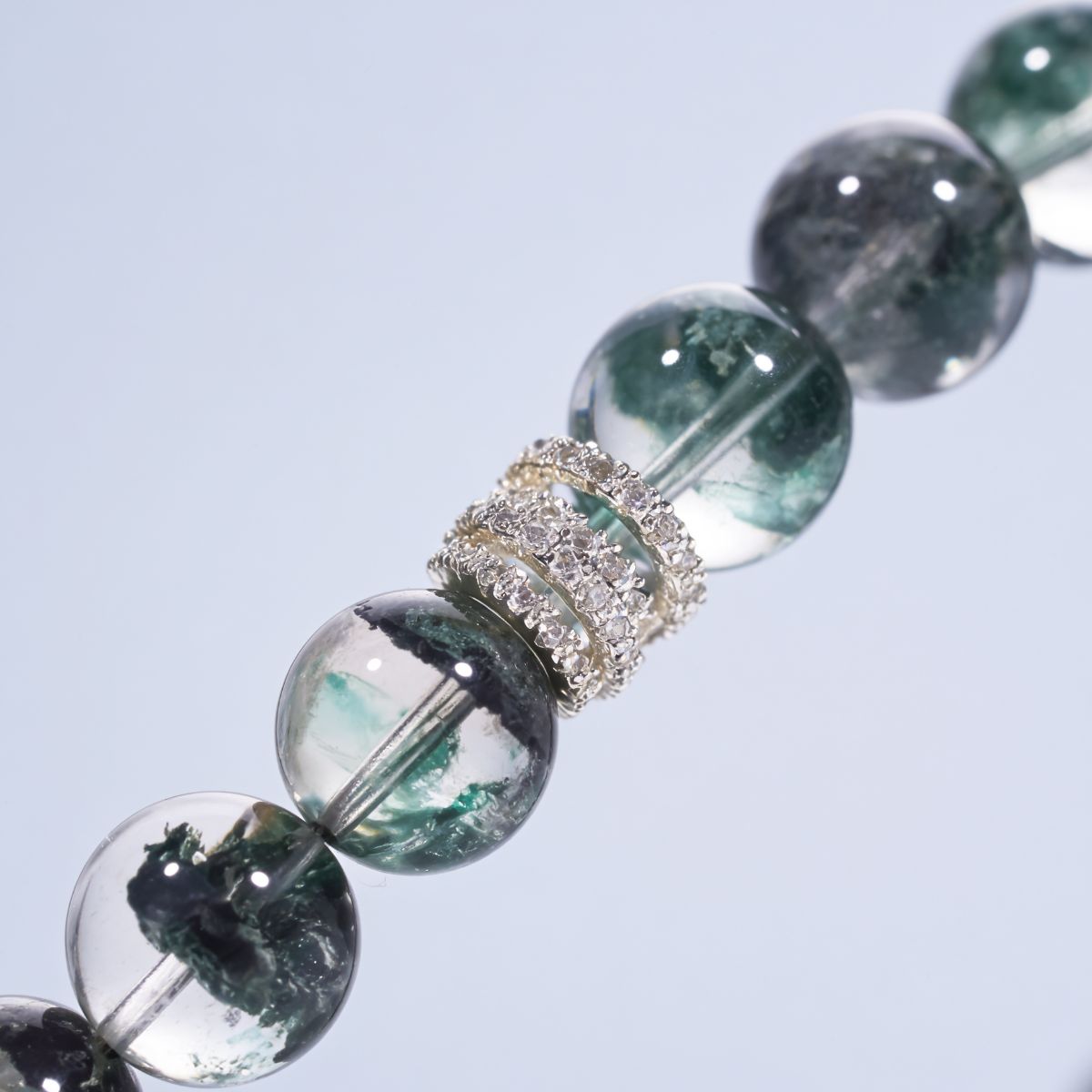 Green Phantom Quartz 12mm beads with deep green inclusions and clear pavé centerpiece detail