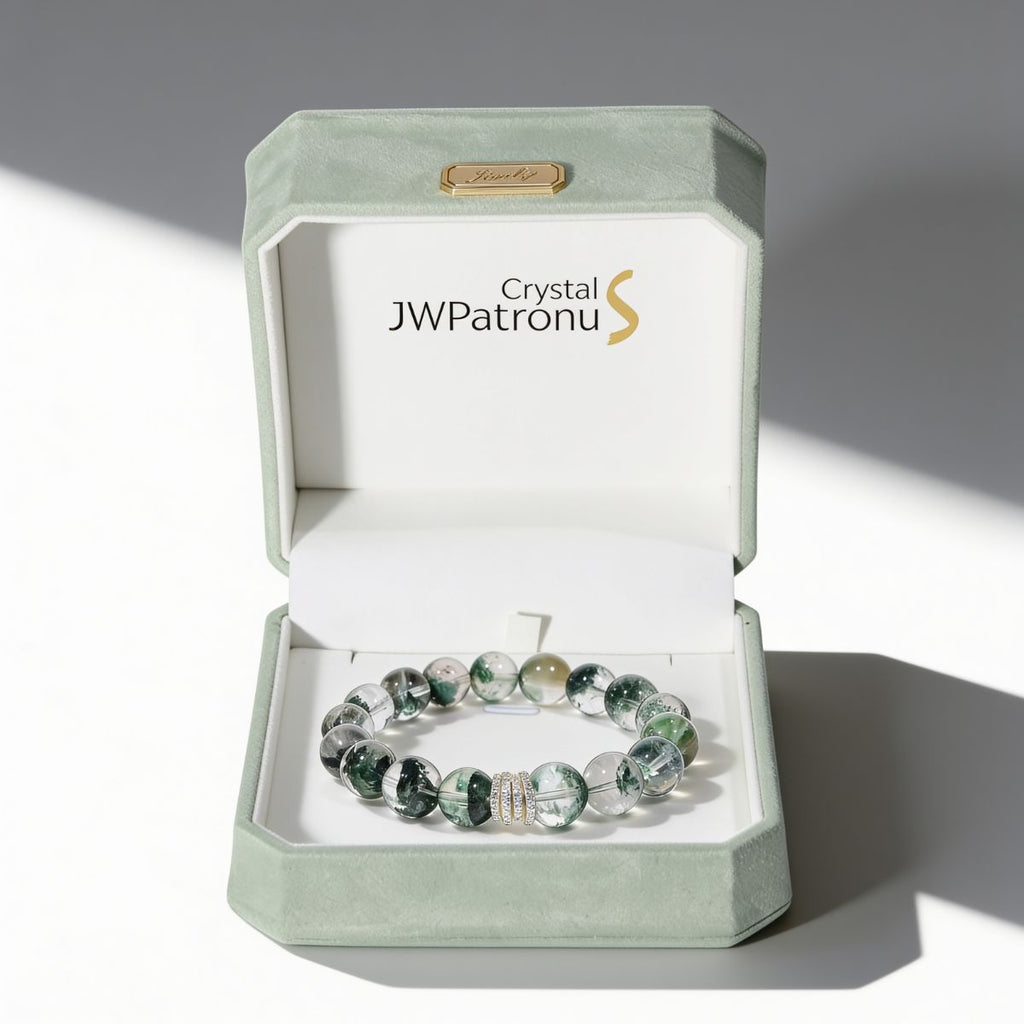 Forest Veil Green Phantom Quartz Beaded Bracelet presented in a JW Patronus gift box