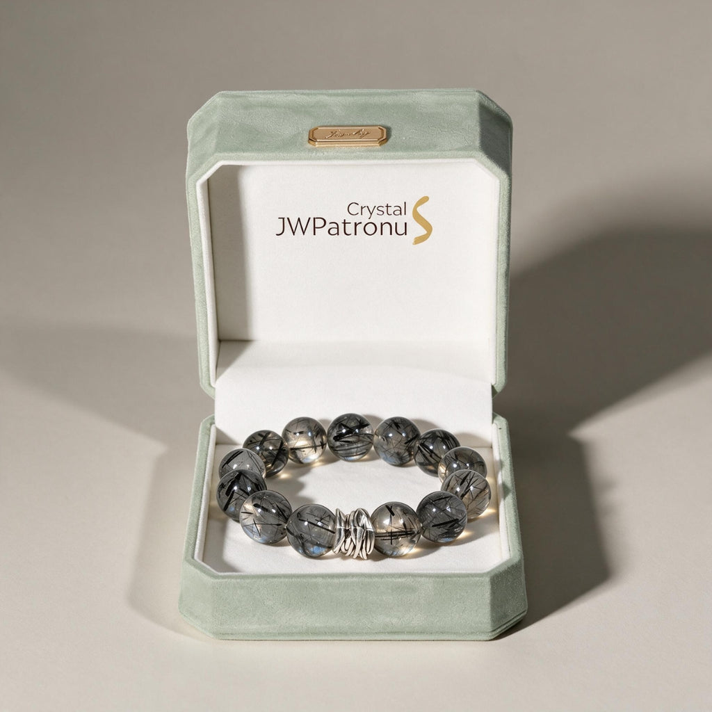 Guardian Black Rutilated Quartz Bracelet displayed in the JWPatronus signature keepsake gift box